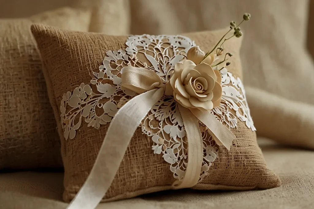 Rustic Charm Burlap and Lace Ring Pillows01