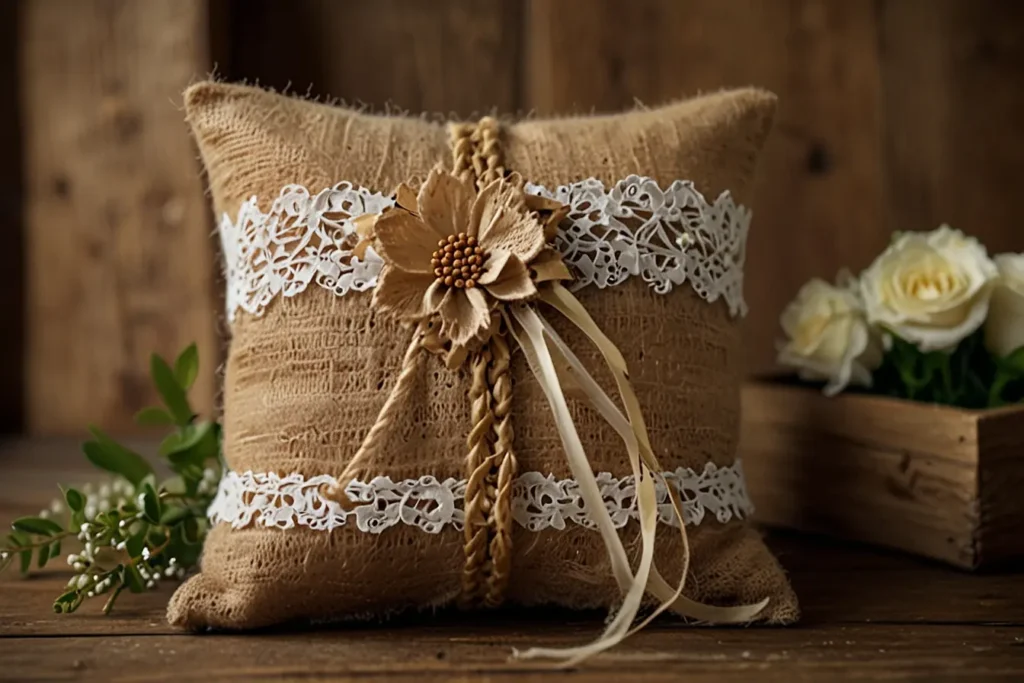 Rustic Charm Burlap and Lace Ring Pillows02