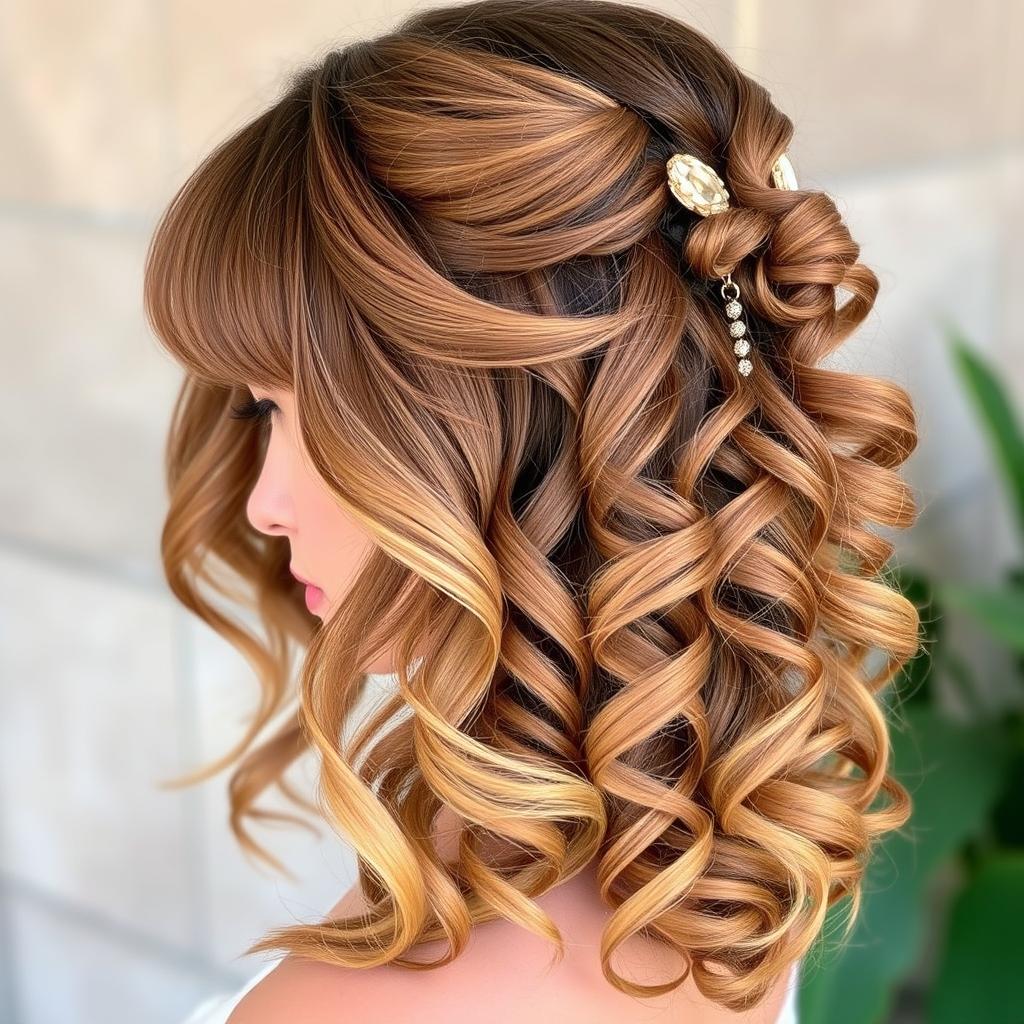 half up half down curly hairstyles with bangs