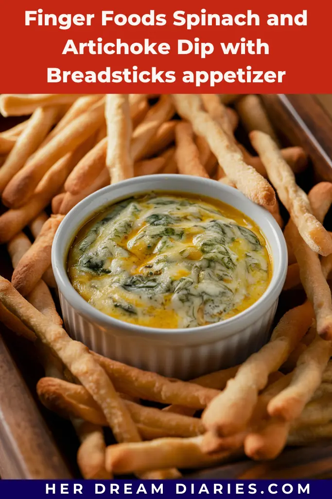 Finger Foods Spinach and Artichoke Dip with Breadsticks appetizer