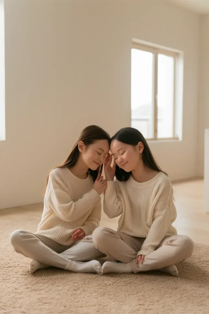 15+ Stylish & Simple Sisters Photoshoot Poses for Instagram-Worthy Shots 11 Forehead Touch Pose