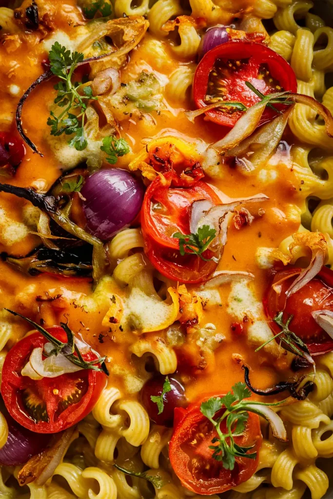 Gluten Free Mac n Cheese with Roasted Tomatoes Onions and Peppers