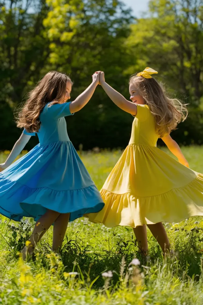15+ Stylish & Simple Sisters Photoshoot Poses for Instagram-Worthy Shots 8 Twirling Pose